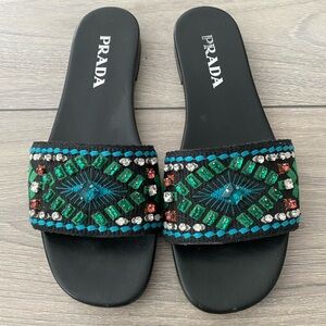 Prada Black and Green Embellished Sandals